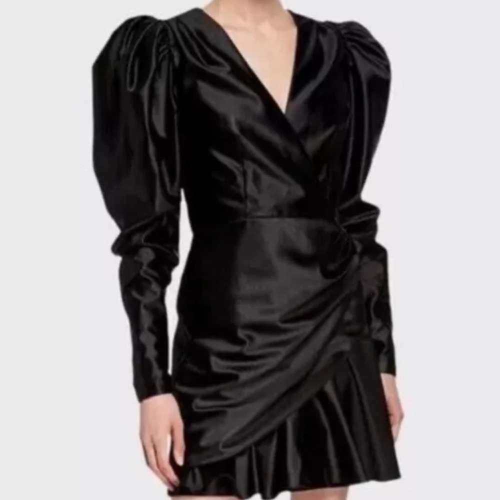 ROTATE BIRGER CHRISTENSEN DRESS BLACK SATIN PUFF SLEEVE SIZE 6 M 80s GLAM